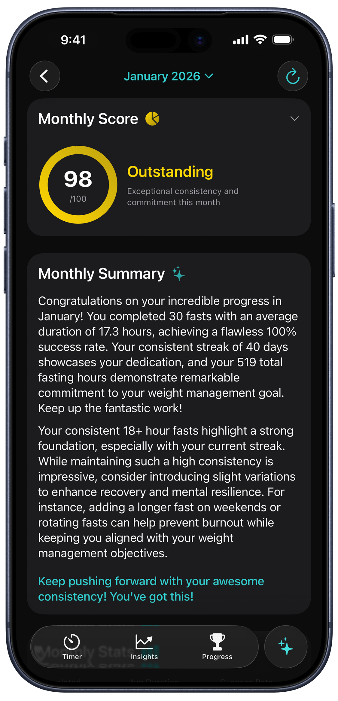 MindFast AI Monthly Report - personalized fasting insights