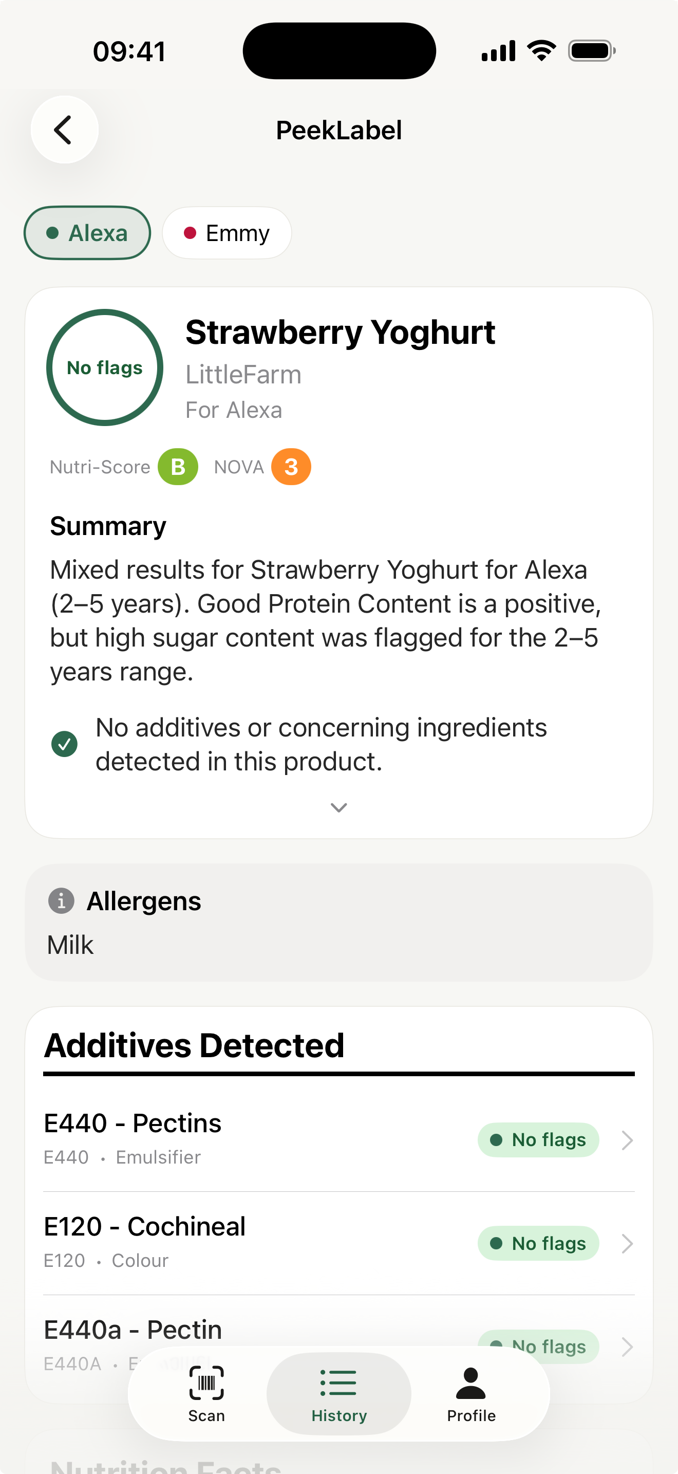 PeekLabel scan results showing product analysis